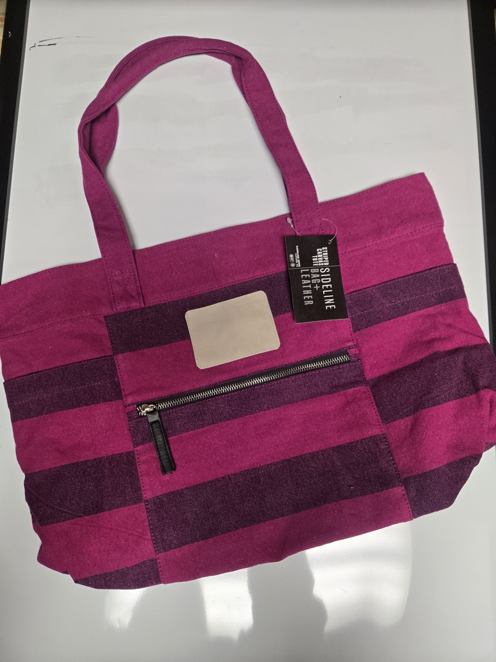 Striped Pink Canvas Tote Bag + Leather
